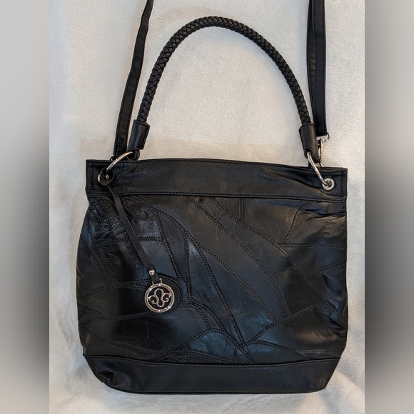 Jet Black Macy's Madi Claire Patchwork Real Leather Shoulder Crossbody Bag - Picture 5 of 9